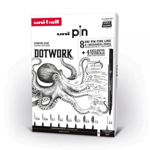 Set cadou 8x Liner UNI PIN-200 DOTWORK 1 creion mecanic 05 4 tutoriale carton 