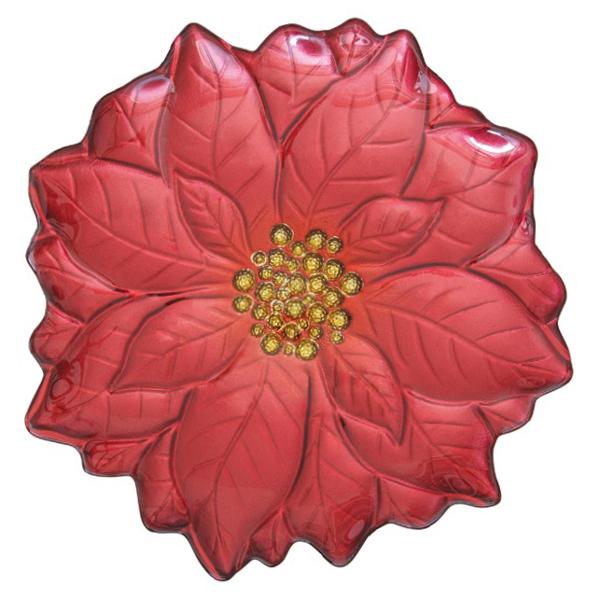 Încânt&259;-&539;i invita&539;ii cu acest platou elegant din sticl&259; ideal pentru servirea deserturilor gust&259;rilor sau pentru a fi folosit ca element decorativ Platoul este ro&537;u cu accente aurii &537;i are forma unei cr&259;ciuni&539;e stilizate aducând un aer festiv &537;i rafinat 