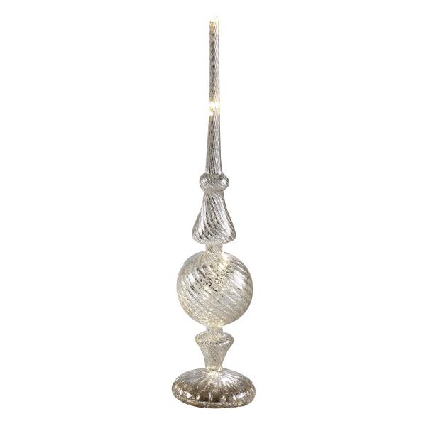 Acest decor elegant din sticl&259; argintie aduce un accent sofisticat în orice spa&539;iu de s&259;rb&259;toare Cu lumini LED integrate &537;i aspect de oglind&259; antichizat&259; piesa reflect&259; subtil lumina creând o atmosfer&259; cald&259; &537;i 