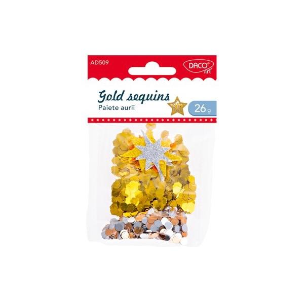 Adaug&259; un strop de str&259;lucire &537;i rafinament proiectelor tale cu paietele aurii DACOAcest set con&539;ine 26 de grame de paiete diverse din plastic &537;i spum&259; autoadeziv&259; perfecte pentru a transforma orice idee creativ&259; într-o capodoper&259; sclipitoare Potrivite pentru decora&539;iuni de s&259;rb&259;tori felicit&259;ri sau accesorii handmade paietele se aplic&259; u&537;or &537;i aduc un plus de elegan&539;&259; fiec&259;rui 