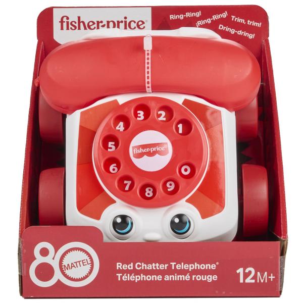 Telefonul rosu Fisher-Price este o jucarie clasica si indragita perfecta pentru copiii de peste 12 luni Cu un design vesel si roti care se misca usor telefonul incurajeaza mersul de-a busilea si primele plimbari ale celor mici Receptorul poate fi ridicat si folosit pentru jocuri de rol iar cadranul rotativ adauga sau nota autentica si amuzanta Sunetele de clopotel si expresia prietenoasa a jucariei stimuleaza imaginatia si comunicarea copiilor Un companion de joaca perfect pentru primele 