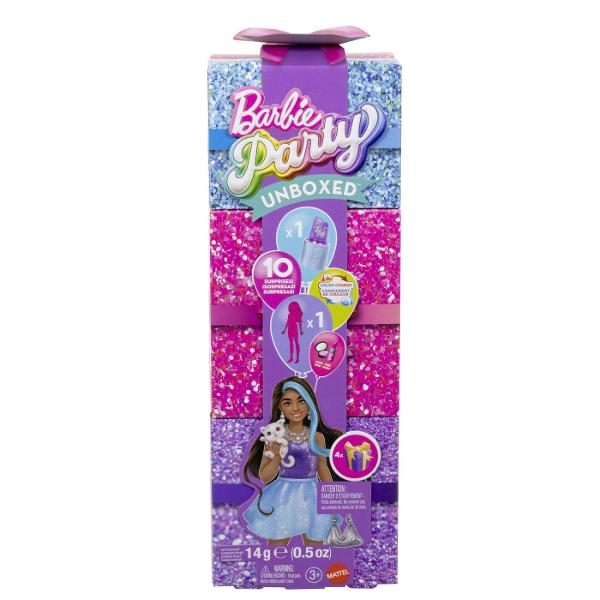 Setul Barbie Party Unboxed aduce distractia si surprizele directe la tine acasa Ambalat intr-o cutie stralucitoare in culori vii acest set include 10 surprize incitante printre care o papusa Barbie eleganta accesorii pentru petrecere si articole cu schimbare de culoare Descopera pe rand micile cadouri ascunse si pregateste-ti papusa pentru o petrecere de neuitat Recomandat copiilor de la 3 ani in sus acest set incurajeaza creativitatea si joaca imaginativa