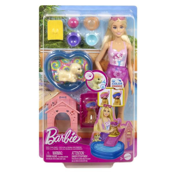 Intra in distractie la piscina cu setul de joaca Barbie Color Change Petrecerea catelusului la piscina Pune catelusii sa alunece pe toboganul special pentru ei direct in piscina in forma de inima Apasa catelusul ud ca sa stropeasca cu apa Schimbare de culoare si surprize acvatice Pentru o surpriza cu schimbare de culoare foloseste apa rece sau calda pe catelusul cu ochelari si urmareste cum isi schimba infatisarea Activitatea ideala pentru ore intregi de joaca creativa in aer liber sau in 