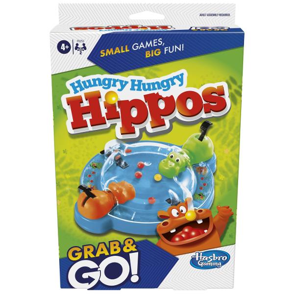 Hipopotamii flamanzi sunt gata de actiune Jocul compact Hungry Hungry Hippos Grab and Go aduce distractia clasica intr-un format de calatorie usor de transport Fiecare jucator isi controleaza hipopotamul si incearca sa inghita cat mai multe bile colorate apasand rapid pe parghie Castiga cel care aduna cele mai multe bile Jocul este simplu de configurat ideal pentru copii de 4 ani si peste si ofera ore intregi de amuzament in miscare Perfect pentru drumuri vacante sau pauze scurte 