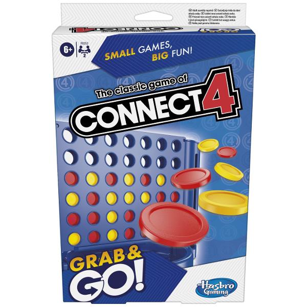 Castiga din mers cu jocul Connect 4 Grab and Go Aceasta versiune compacta pastreaza acelasi gameplay clasic Connect 4 dar intr-un format perfect pentru calatorii Ambii jucatori primesc cate 21 de discuri si au sansa de a obtine 4 la rand pentru a castiga Insa fiecare are si ocazia de a bloca miscarile adversarului pentru a-i impiedica victoriaCand jocul se termina discurile pot fi depozitate usor in coloane iar tavile se pliaza peste grila de joc pentru o stocare rapida si convenabila 