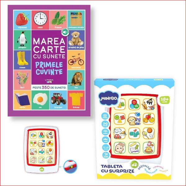Un set interactiv care transform&259; înv&259;&539;area în joac&259; Con&539;ine cartea bestseller „Bebe înva&539;&259; Marea carte cu sunete” plin&259; de imagini colorate &537;i sunete amuzante &537;i tableta educativ&259; cu surprize care dezvolt&259; aten&539;ia coordonarea &537;i curiozitatea celor 