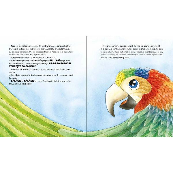 Hei ce tot zice papagalul &259;sta Animalele din jungl&259; sunt nedumerite s&acirc;c&acirc;ite enervate dar Pepe nici c&259; se opre&537;te Zboar&259; &icirc;ncolo &537;i &icirc;ncoace strig&acirc;nd cuvinte pe care nici hipopotamii nici maimu&539;ele nici cameleonul nu le &icirc;n&539;eleg Bine c&259; nu s-au repezit s&259;-l alunge pentru c&259; talentul lui Pepe e de mare ajutor &icirc;n jungl&259;