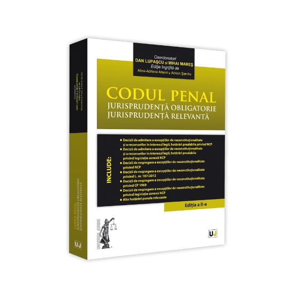 Prezenta culegere reuneste in primul rand jurisprudenta obligatorie referitoare la Codul penal decizii de admitere a exceptiilor de neconstitutionalitate si a recursurilor in interesul legii precum si hotarari prealabile pentru dezlegarea unor chestiuni de dreptDin ratiuni de ordin teoretic si practic lucrarea include si decizii de respingere a exceptiilor de neconstitutionalitate a cererilor de recurs in interesul legii si a celor de pronuntare a hotararilor prealabile 