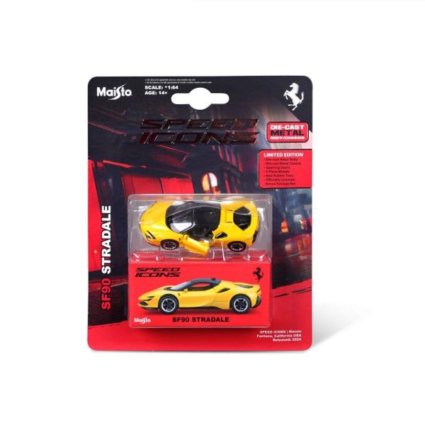 Intra in lumea vitezei si a adrenalizei cu modelul Ferrari SF90 Stradale din colectia Speed &8203;&8203;Icons la scara 1 la 64 Acest model spectaculos este realizat din metal turnat sub presiune die-cast metal oferind o calitate premium si o greutate realista Sasiul metalic adauga robustete si durabilitate iar portierele care se deschid iti permit sa admiri interiorul detaliat Rotile din doua piese cu anvelope din cauciuc real asigurate un aspect autentic si o aderenta excelenta 