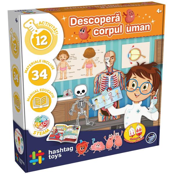 Joc educativ descopera corpul uman Cu acest joc patrunde in fascinanta lume a corpului uman si descopera cum functioneaza diferitele sale sisteme Construieste un schelet articulat simuleaza functionarea plamanilor invata despre muschi sistemul digestiv si circulator si multe altele Exploreaza 12 activitati stiintifice distractive si interactive care iti vor starni curiozitatea si cunostintele despre corpul uman Continut kit seringi manusa plastiline colorate tuburi din plastic 