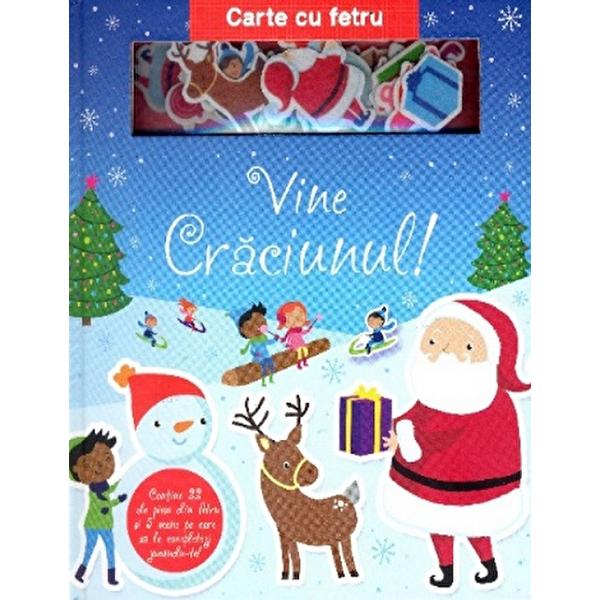 Vine Craciunul este o carte cartonata cu pagini din fetru placute la atingere si piese din fetru care se agata cu usurinta de paginile cartii si pot fi folosite de nenumarate ori Copiii vor fi bucurosi sa completeze fiecare imagine magica potrivind figurinele in asa fel incat sa ilustreze micile povesti Con&539;ine 22 de piese din fetru si 5 scene pe care sa le completezi jucandu-te Recomandat copiilor de la 3 ani 