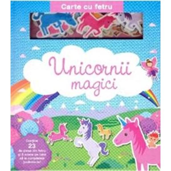 Unicornii magici este o carte cartonata cu pagini din fetru placute la atingere si piese din fetru care se agata cu usurinta de paginile cartii si pot fi folosite de nenumarate ori Copiii vor fi bucurosi sa completeze fiecare imagine magica potrivind figurinele in asa fel incat sa ilustreze micile povesti Con&539;ine 23 de piese din fetru si 5 scene pe care sa le completezi jucandu-te Recomandat copiilor de la 3 ani 