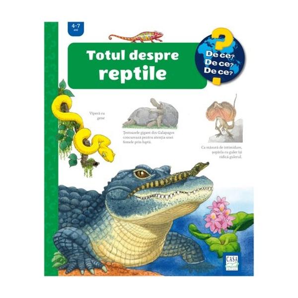 Totul despre crocodili &539;estoase &537;opârle &537;i &537;erpi într-un titlu enciclopedic viu ilustrat &537;i conceput ingenios Prin deschiderea ferestrelor de pe paginile cartonate vei putea observa îndeaproape solzii unui piton reticulat vei g&259;si un gu&537;ter pitit sub pietrele acoperite cu mu&537;chi vei observa n&259;pârlirea &537;i pieile noi ale unui &537;arpe de porumb vei explora diversitatea de labe gheare &537;i palmuri reptiliene 