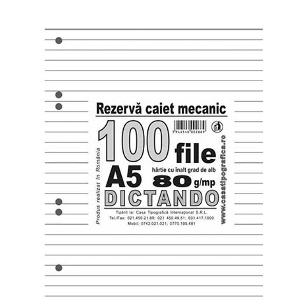 Rezerva pentru caiet mecanic A5 dictando 100 file hartie 80 g cu 2 sau 4 inele Casa TipograficaFabricat in Romania de foarte buna calitatea din hartie groasa de 70 gmp ce nu permite trecerea cernelii de pe o fila pe alta