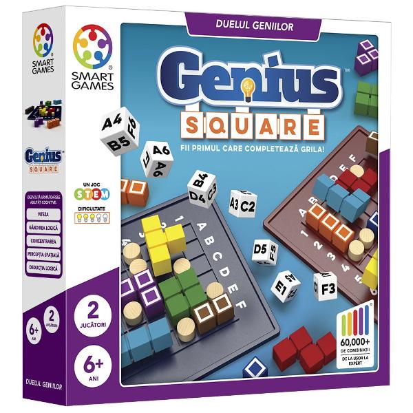 Genius Square este un joc de logica si strategie rapid destinat atat copiilor cat si adultilor Jocul include o tabla impartita in grile pioni de diferite forme si sase zaruri Scopul este sa completezi tabla de joc plasand toate piesele tale in grila dupa ce au fost stabilite coordonatele cu ajutorul zarurilor Este recunoscut pentru beneficiile pe care le aduce dezvoltarii cognitive stimuland gandirea logica si capacitatea de rezolvare rapida a problemelor Ce este si mai interesant 