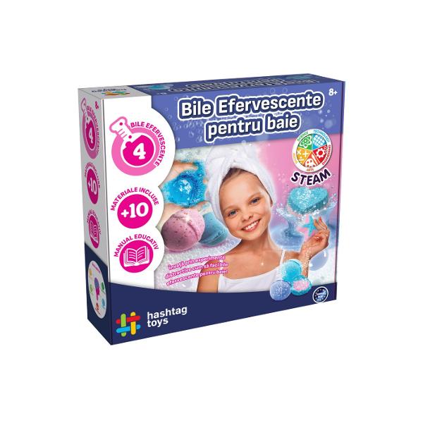 Distreaza-te creand bombe de baie colorate fantastice cu acest set Invata sa realizezi experimente chimice educative uimitoare si lasa-ti imaginatia sa zboare cu aceasta jucarie de baie fantastica Pregateste-le si urmareste efectul lor efervescent incredibil Continutul setului spatule de lemn forme pentru bilele efervescente pentru baie amidon bicarbonat de sodiu acid citric pipete Pasteur pahar mic de masurat sclipici roz pigment cosmetic albastru