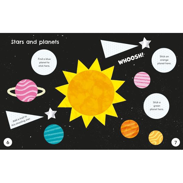 Children are invited to cut out shapes from the paper at the back of the book and glue them onto the illustrated scenes The large shapes to cut around are perfect for little hands to follow and provide a fun way to practise scissor skills From rockets and space shuttles to planets and friendly aliens there are all sorts of exciting space pictures to create in this imaginative book There are also lots of things to talk about on each page to improve vocabulary
