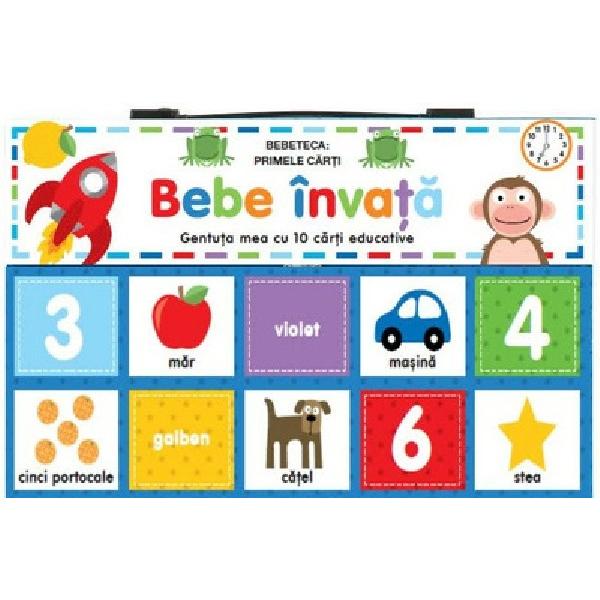 Cei mici se vor distra invatand culorile numerele formele primele cuvinte contrariile animalele pasarile fructele si legumele precum si momentele zilei cu ajutorul acestor minunate carticele care sunt pastrate intr-o gentuta compacta si simpatica ce poate fi luata oriunde merg micii invatacei Seria contribuie la dezvoltarea dexteritatii a coordonarii ochi-mana si a abilitatilor de invatare prin joacaSetul contine urmatoarele carticele• Bebeteca 