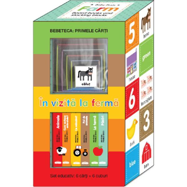 Bebeteca Primele c&259;r&539;i În vizit&259; la ferm&259; Set educativ 6 c&259;r&539;i  6 cuburiUn set de &537;ase c&259;rticele frumos ilustrate cu ajutorul c&259;ruia cei mici vor înv&259;&539;a cum se numesc animalele de la ferm&259; &537;i puii lor ce sunete emit ce lucruri de g&259;sesc într-o gospod&259;rie &537;i ce alimente se produc la ferm&259;Cele &537;ase cuburi ce le înso&539;esc pot fi stivuite 