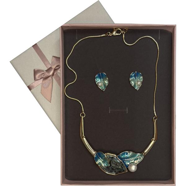 Set colier si cercei alama auriu turcoaz perla 42 7cm GA284