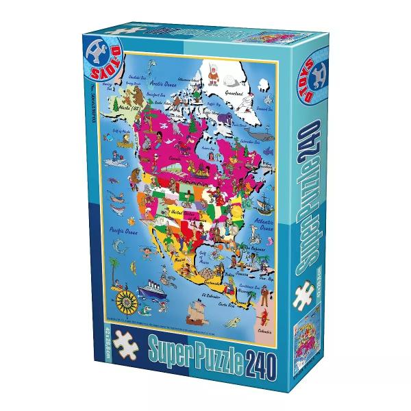 Un puzzle educativ cu 240 piese înf&259;&539;i&537;ând harta Americii de Nord pentru copii c&259;rora le place s&259; studieze geografia vor s&259; înve&539;e despre &539;&259;rile continentului despre principalele simboluri ale acestora precum &537;i despre obiceiurile locuitorilor