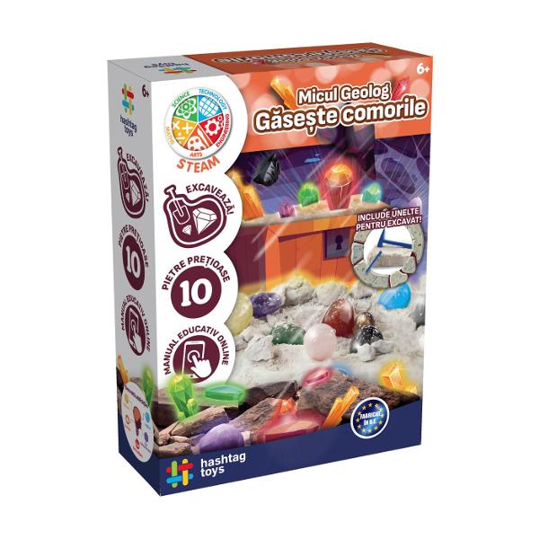 Pregateste-te pentru o aventura stralucitoare in lumea pietrelor pretioase cu acest SET MICUL GEOLOG GASESTE COMORILE Cu aceasta jucarie educativa poti explora si excava propriile pietre pretioase Descopera cele 10 pietre pe care le-am pregatit pentru tine si invata cum sa identifici mineralele explorand istoria fascinanta din spatele fiecareia Devino un adevarat expert in pietre pretioase cu acest set
