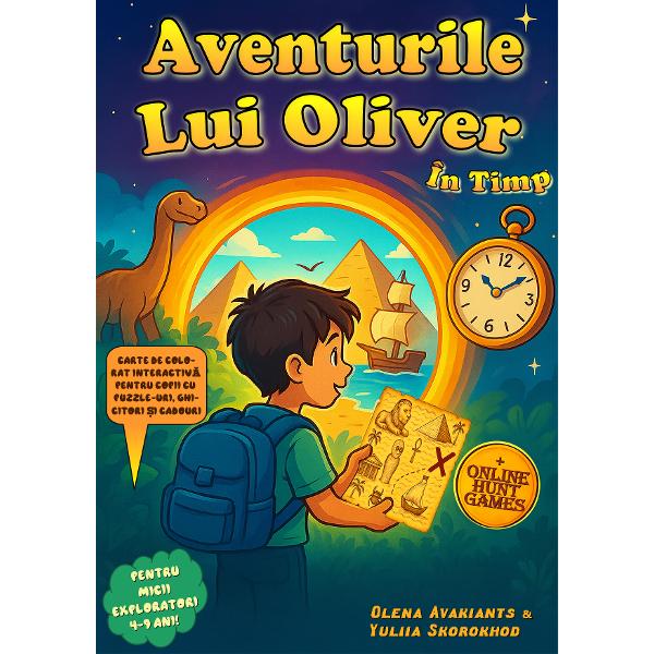 „Aventurile lui Oliver in timp” este o carte–aventura cu calatorii in timp care functioneaza ca un portal magic prin 8 mari epoci istorice ale evolutieiCu fiecare pagina aventura urca la un nou nivel Copiii potColora lumi misterioase si detalii ascunseUrma un tutorial de colorat pas cu pas in care invata cum sa dea viata 