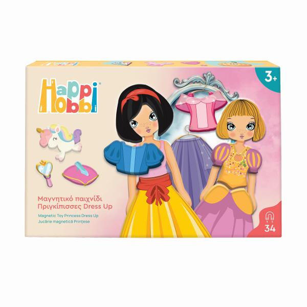 Printesele te invita intr-o lume plina de culoare si fantezie Combina cele 34 de piese din carton cu magneti  rochii coafuri si accesorii  pentru a crea cele mai frumoase printese Poti urma modelele de pe cele 7 carti incluse sau iti poti lasa imaginatia libera si sa creezi propriile tale tinute regale Jocul ofera multiple posibilitati de joaca prin imitatie stimuland creativitatea atentia si coordonarea copiilor Te poti juca impreuna cu prietenii sau parintii inventand povesti magice 