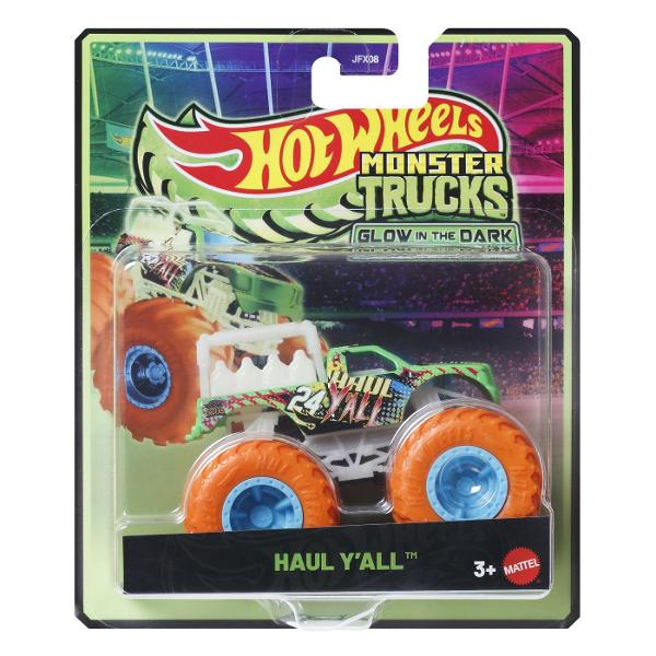 Cand luminile se sting actiunea devine si mai palpitanta cu Hot Wheels Monster Trucks care stralucesc in intuneric Fiecare vehicul este la scara 1 la 64 si prezinta designuri impresionante si roti uriase De asemenea are elemente luminoase oferind ciocniri si explozii palpitante in intuneric Colectionarii si copiii care iubesc Monster Trucks vor dori sa le aiba pe toate Potrivit pentru varste de 3 ani si peste Acest pachet contine personajul Haul Yall