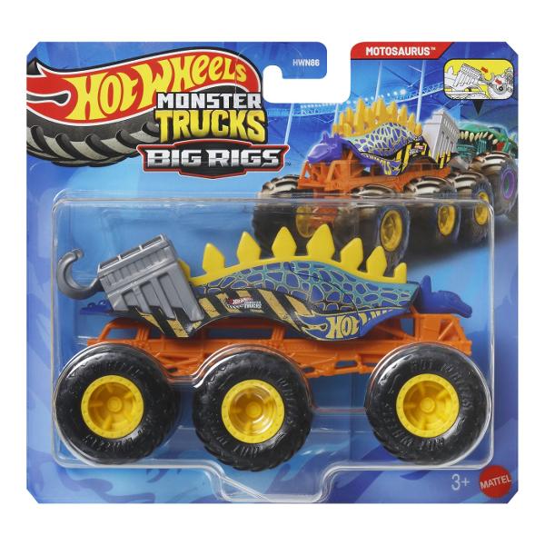 Fiecare camion turnat sub presiune surprinde cu stilul si personalitatea unui personaj sau a unei creaturi populare Monster Truck la scara 164 Porneste in aventuri cu camioanele Hot Wheels Monster Trucks Big Rigs Fiecare vehicul la scara 164 transmite personalitatea popularelor creaturi Monster Truck cu decalcomanii atragatoare pe care fanii le adora Copiii pot transporta vehicule suplimentare la scara 164 pe platforma sau cu carligul de remorcare de pe Big Rig Acest pachet contine 