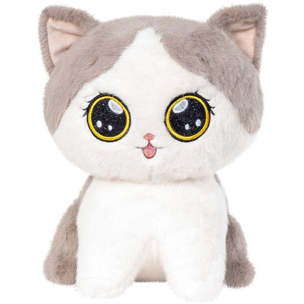 Aceasta pisicuta de plus impresioneaza prin ochisorii mari si stralucitori care ii confera o expresie plina de inocenta si curiozitate Textura moale si catifelata invita la imbratisari iar forma sa bine proportionata sau face ideala pentru joaca decor sau pentru a fi oferita cadou Detaliile brodate precum conturul ochilor si gurita jucausa adauga un plus de personalitate transformand jucaria intr-un companion irezistibil pentru copii Stand ferm in pozitie verticala pisicuta transmite o 