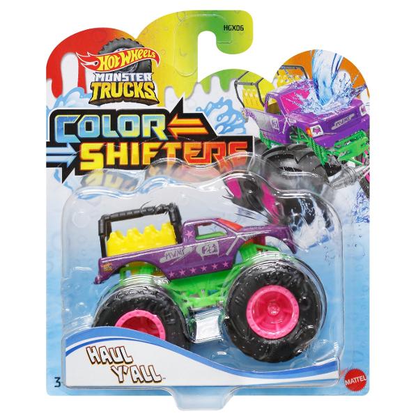 Camioanele Hot Wheels Monster Trucks 164 Color Shifters Trucks ofera zdrobire si prabusire cu bonusul a doua decoruri pe un singur camion Pur si simplu scufundati camionul Color Shifters in apa rece ca gheata pentru a-si schimba in mod magic aspectul initial apoi schimbati-l inapoi scufundandu-l in apa calda Repetati procesul de mai multe ori pentru a alterna modelele Avand la dispozitie atat de multe Camioane Monster Color Shifters minunate copiii vor dori sa le adune pe toate Fiecare se 
