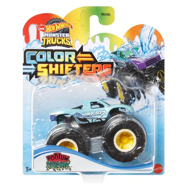Camioanele Hot Wheels Monster Trucks 164 Color Shifters Trucks ofera zdrobire si prabusire cu bonusul a doua decoruri pe un singur camion Pur si simplu scufundati camionul Color Shifters in apa rece ca gheata pentru a-si schimba in mod magic aspectul initial apoi schimbati-l inapoi scufundandu-l in apa calda Repetati procesul de mai multe ori pentru a alterna modelele Avand la dispozitie atat de multe Camioane Monster Color Shifters minunate copiii vor dori sa le adune pe toate Fiecare se 