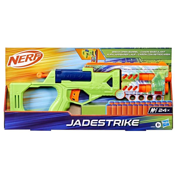 Marca Nerf iti ridica nivelul jocului cu lansatorul de sageti Nerf Jadestrike de inalta performanta si sagetile Nerf N1 Ai abilitatile de luptator Nerf acum ai blasterul si sagetile pentru a obtine un avantaj superior in jocurile de interior si exterior De la creatorii sagetilor din spuma marca Nerf dezlantuie urmatoarea evolutie in lansarea de sageti din spuma cu sagetile Nerf N1 oferind PRECIZIE VITEZA si DISTANTA EXTREME Blasterul de sageti Nerf seria N Jadestrike dispune de incarcare 