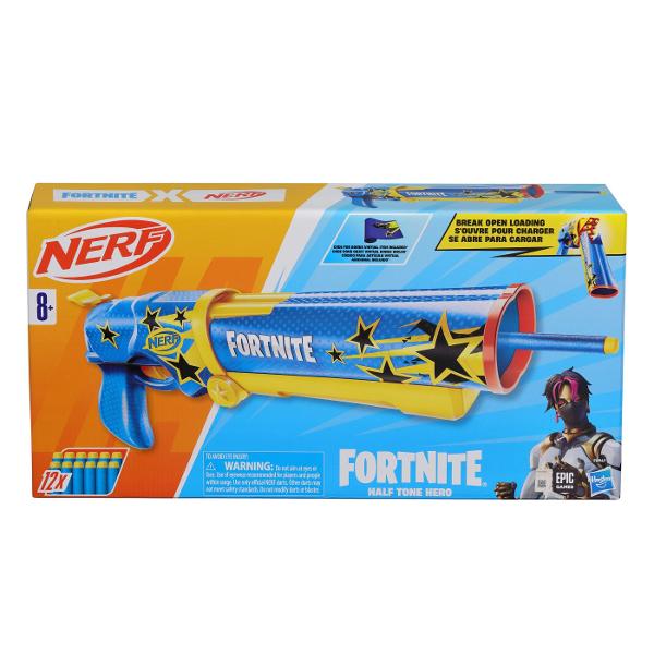 Lansatorul Nerf Fortnite Half Tone Hero este inspirat de echipamentul folosit in Fortnite si vine in ambalajul Half Tone Hero Wrap din popularul joc video Include un cod bonus pentru a debloca Half Tone Hero Wrap in joc Lansatorul Nerf are o teava cu deschidere pentru o modalitate distractiva de a incarca darts Are o capacitate de 6 darts si include 12 darts din spuma Nerf Elite oferindu-ti proiectile suplimentare pentru reincarcare Dispune de o actiune cool de amorsare cu ciocan Cu 