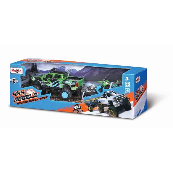 Seturile Maisto 4x4 Rebels Rugged Adventures aduc distractia off road in lumea copiilor prin vehicule metalice cu detalii realiste si design robust Fiecare pachet include o masina 4x4 cu platforma sau remorca si un vehicul suplimentar precum motocicleta ATV barca sau utilaj Modelele sunt realizate din metal turnat cu parti din plastic si au elemente functionale precum usi care se deschid Recomandate copiilor de peste 3 ani aceste seturi incurajeaza jocul creativ si recreeaza scene 