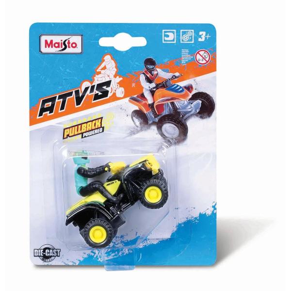 ATV Maisto Pullback este o jucarie realizata din metal cu detalii realiste si design atractiv Modelul vine echipat cu mecanism pullback ceea ce ii permite sa prinda viteza atunci cand este tras inapoi si eliberat Este recomandat copiilor cu varsta de peste 3 ani si ofera ore intregi de distractie prin joc activ si interactiv Ambalajul colorat cu design modern il face ideal si pentru cadou&nbsp;Atentie Pretul afisat este per bucata Nu se poate alege culoarea