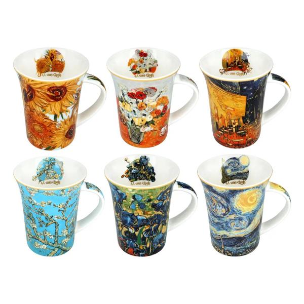Savureaza bauturile tale preferate cu stil Acest set contine 6 cani din portelan de inalta calitate fiecare decorata cu reproduceri ale unor tablouri celebre ale lui Van GoghCu o capacitate generoasa de 350 ml sunt ideale pentru ceai cafea sau ciocolata calda aducand un strop de arta si culoare fiecarei pauzeDesignul inspirat din operele maestrului picturii transforma utilizarea lor intr-o experienta vizuala placuta fiind perfecte atat pentru uz personal cat si 