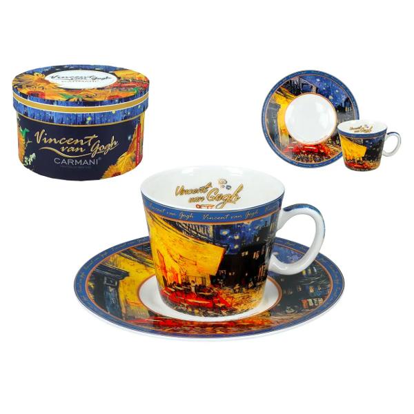 Ceasca pentru espresso din portelan inspirata de celebra pictura&nbsp;Van Gogh &ndash; Cafe at Night aduce arta direct in momentele tale de relaxare Cu un design rafinat si culori vibrante aceasta ceasca transforma fiecare espresso intr-o experienta vizuala aparte Realizata din portelan de calitate este rezistenta si placuta la atingere fiind ideala pentru uz zilnic sau pentru a fi oferita cadou iubitorilor de arta Capacitatea de 100 ml 
