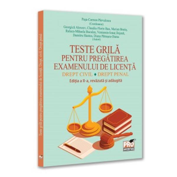 Scopul prezentei lucrari este acela de a crea un instrument util in pregatirea studentilor pentru sustinerea probei obligatorii de evaluare a cunostintelor fundamentale si de specialitate din cadrul examenului de licentaLucrarea abordeaza sintetic problematica dreptului civil si a dreptului penal avand la baza dispozitiile legale in vigoare Pentru facilitarea autoevaluarii obiective asupra cunostintelor dobandite de studenti intrebarile au fost separate de 