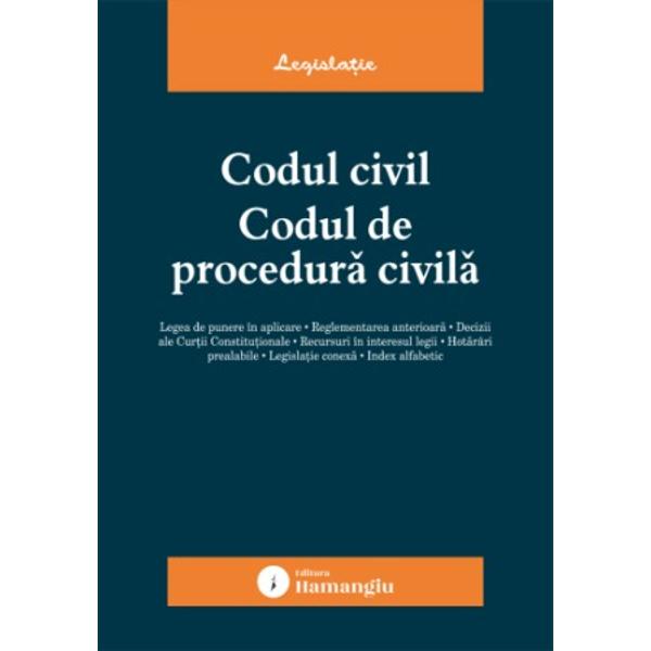 Codul civil Codul de procedur&259; civil&259; reune&537;te textele la zi ale celor dou&259; legi &icirc;n vigoare &icirc;n materie civil&259; &537;i de procedur&259; civil&259; oferind o baz&259; teoretic&259; de studiu practicienilor cadrelor didactice studen&539;ilor dar &537;i tuturor celor implica&539;i &icirc;n interpretarea &537;i aplicarea acestor dispozi&539;iiAcolo unde este cazul la finalul articolelor sunt indicate cu caractere italice textele 
