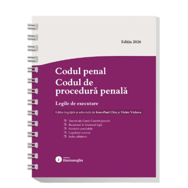 Al&259;turi de cele dou&259; coduri penale cartea Codul penal Codul de procedur&259; penal&259; Legile de executare &ndash; care &icirc;ncep&acirc;nd cu aceast&259; edi&539;ie este tip&259;rit&259; &icirc;n format X4 165x235 mm &ndash; cuprinde &537;i legile de executare a pedepselor m&259;surilor privative &537;i m&259;surilor neprivative de libertate &ndash; Legea nr 2532013 &537;i Legea nr 2542013La fel ca toate lucr&259;rile din seria de legisla&539;ie 
