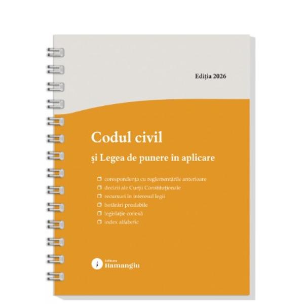 Lucrarea cuprinde Codul civil &537;i Legea de punere &icirc;n aplicare a acestuia redat&259; &icirc;n extrasArticolele din cod sunt &icirc;nso&539;ite de textele corespondente din reglementarea anterioar&259; Codul civil din 1864 Codul comercial Codul familiei Decretul nr 1671958 &537;i celelalte acte normative al c&259;ror con&539;inut a fost absorbit &icirc;n Codul civil redate cu caractere italice &537;i se fac trimiteri la legisla&539;ia 