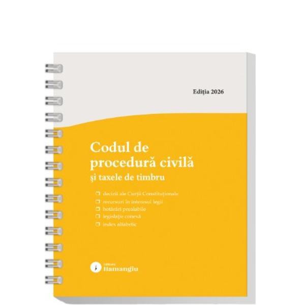 Lucrarea cuprinde textul actualizat al Codului de procedur&259; civil&259; precum &537;i c&acirc;te un extras din Legea nr 762012 de punere &icirc;n aplicare din Legea nr 22013 &537;i din Legea nr 471992 solu&539;ionarea excep&539;iei de neconstitu&539;ionalitate ridicate &icirc;n fa&539;a instan&539;elor judec&259;tore&537;ti sau de arbitraj comercial Pe l&acirc;ng&259; acestea a fost inclus&259; &537;i OUG nr 802013 privind taxele judiciare de 