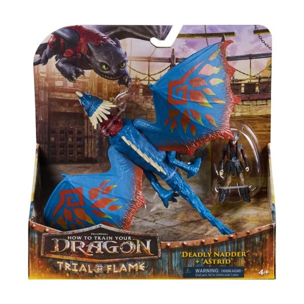 Setul Cum Sa Iti Dresezi Dragonul &ndash; Incercarea Flacarii il aduce in prim-plan pe spectaculosul Deadly Nadder alaturi de curajoasa Astrid Dragonul impresioneaza prin aripile ample colorate in albastru intens cu modele decorative contrastante si prin detaliile atent sculptate ale corpului si solzilor Designul dinamic si postura de zbor ofera un impact vizual puternic si transforma fiecare scena de joaca intr-o confruntare epica Figurina Astrid completeaza perfect setul 