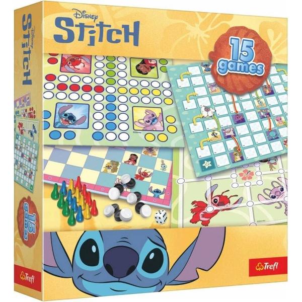Descopera setul de jocuri Disney Stitch 15 in 1 o colectie perfecta pentru ore intregi de distractie in familie Cutia include jocuri clasice reinterpretate cu personaje indragite din universul Stitch precum dame sah Serpi si Scari Ludo si multe altele Plansa colorata si piesele atent realizate transforma fiecare runda intr-o experienta plina de voie buna si competitie amicala Setul este ideal pentru copii dar si pentru adultii care iubesc universul Disney Fie ca vrei sa petreci timp de 