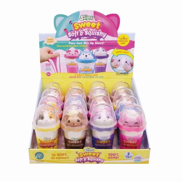 Slimy Sweet Soft and Squishy este o jucarie tip slime cu textura extrem de moale si elastica conceputa pentru experienta senzoriale placuta si moment de relaxare Ambalata intr-un recipient atractiv cu design inspirat din deserturi si personaje simpatice aceasta varianta combina distractia modelarii cu efectul ASMR datorat consistentei fine si usor de framantat Slime-ul are parfum dulce si este realizat fara parabeni fiind gluten free si sigur pentru utilizare conform recomandarilor de 
