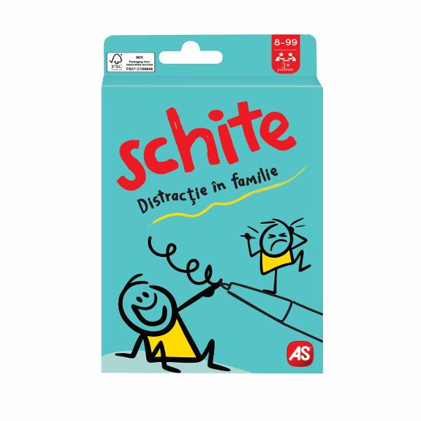 Schite  Distractie in familie este un joc de carti de societate dinamic si amuzant potrivit pentru serile petrecute alaturi de familie sau prieteni Conceput pentru 3 sau mai multi jucatori acest joc pune la incercare creativitatea si rapiditatea participantilor provocandu-i sa deseneze si sa ghiceasca diferite cuvinte sau expresii intr-un timp limitat Regulile sunt simple si usor de inteles ceea ce il face accesibil atat copiilor cat si adultilor fiind recomandate pentru varste intre 6 