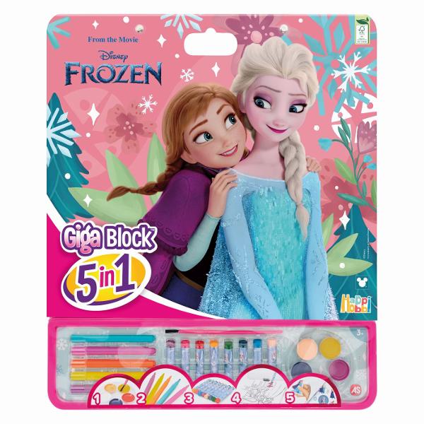 Setul creativ Disney Frozen Giga Block 5 in 1 este o alegere completa pentru copiii care iubesc universul Frozen si activitati artistice Inspirat din filmul Disney cu ilustratii colorate ale personajelor indragite setul ofera multiple posibilitati de desen si colorat intr-un singur pachet practic Include carioci creioane colorate acuarele pensula si alte accesorii necesare pentru a crea pline de culoare si imaginatie Compartimentarea inteligenta mentine toate piesele organizate iar 