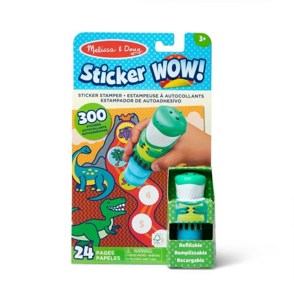 Melissa and Doug Sticker Wow este un set creativ de joaca pentru copii de la 3 ani in sus conceput pentru activitati distractive cu stickere Fiecare set include un aplicator tip stampila cu personaj reincarcabil care distribuie stickere individuale pe paginile incluse in caietul de activitate Setul contine aproximativ 300 de stickere si un caiet cu 24 de pagini pline de jocuri provocari si ilustratii colorate care incurajeaza copiii sa lipeasca sa potriveasca si sa completeze diferite 